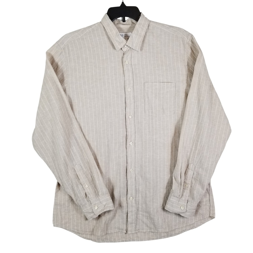 GAP Linen Blend Button Down Shirt Men XL Beige White Striped Standard Fit 878726